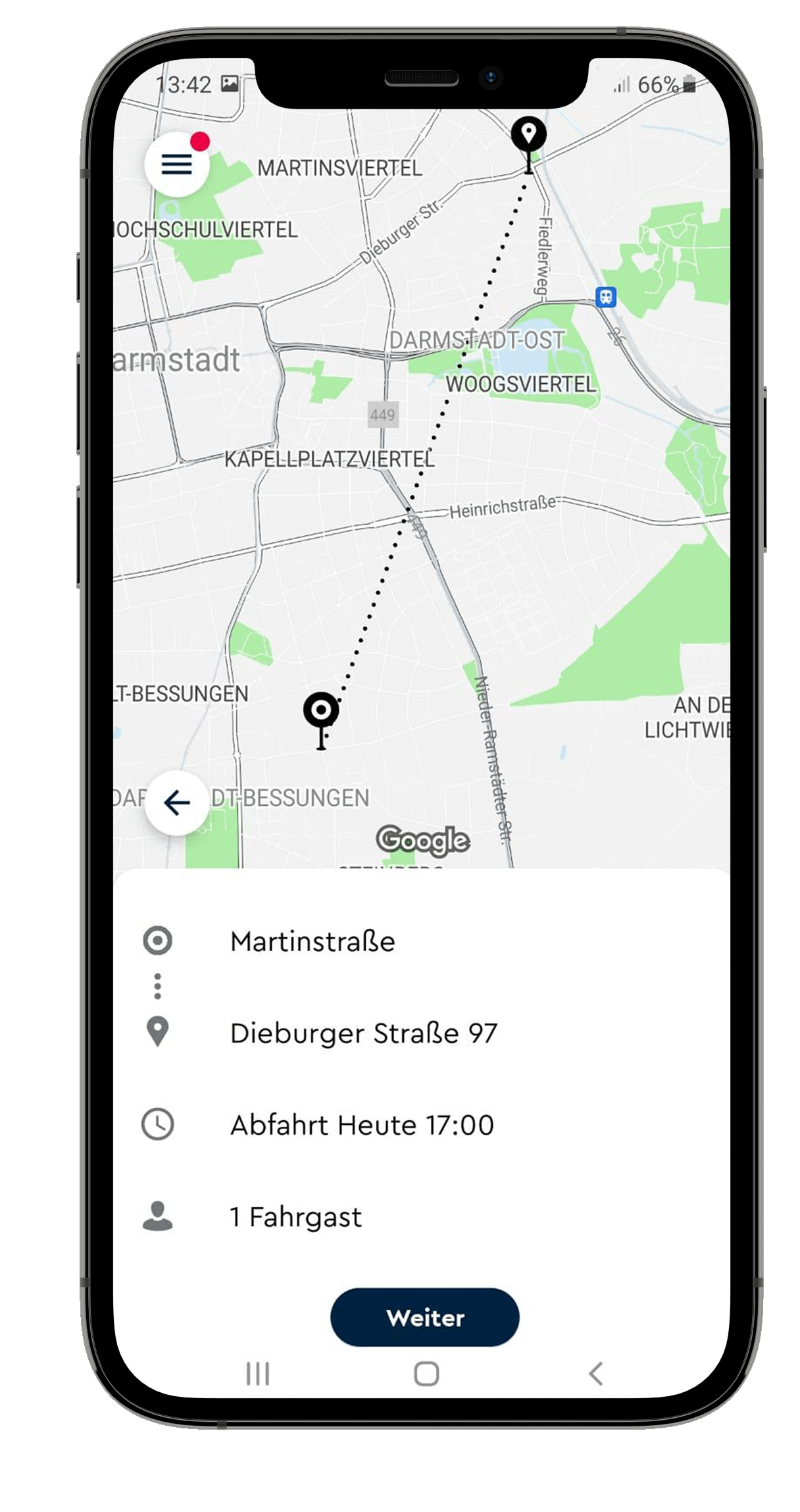 Image Handy App HeinerLiner Départ Destination du trajet